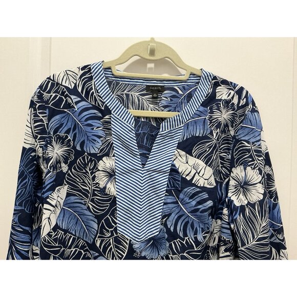 Talbots Hibiscus Palms Tunic XL Blue White VNeck 3/4 Sleeve - Picture 2 of 10